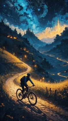 a man riding a bike down a dirt road under a night sky filled with stars