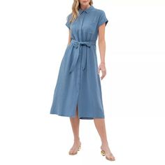 August Sky Women's Solid Point Collar Button Up Shirt Midi Dress, Dusty Blue, Small : Target Shirt Midi Dress, Dress Dusty, Tiered Midi Dress, Midi Shirt Dress, Woman Standing, Effortless Chic, Button Down Collar, Polished Look, Dusty Blue