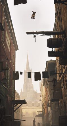 a person walking down an alley way with buildings in the background