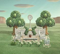 a painting of a bench and clock in the middle of a field with fruit trees