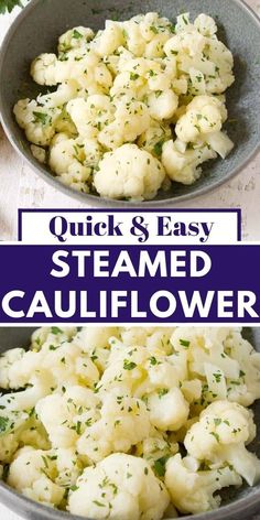 Steamed cauliflower in a gray bowl, with parsley and lemon behind. Stove Top Cauliflower Recipes, Steamed Cauliflower With Cheese, Cauliflower Stovetop Recipes, Microwave Cauliflower Recipes, Cauliflower Recipes Microwave, Califlower Recipes Side Dishes Easy, Steam Veggies On Stove