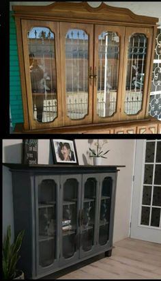 an old china cabinet with glass doors is shown in two different pictures, and the same side by side