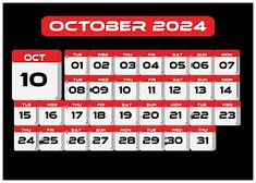 a calendar with the date on it for october and october, including dates in red