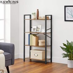 a living room with a chair and bookshelf