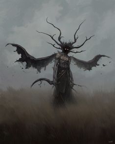 an illustration of a demon standing in the middle of a field