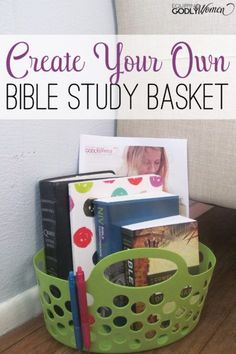 a green basket with books and pens on it