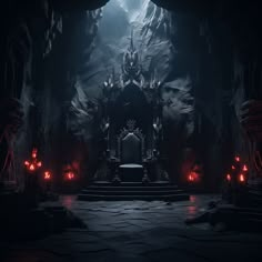 the throne is lit up by red candles in this dark room with stone walls and flooring