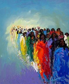 an abstract painting of people standing in a line with the colors of the rainbow painted on them