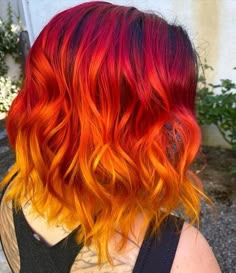 Yellow Red And Orange Hair, Fire Dyed Hair Short, Red Fade To Orange Hair, Flame Dyed Hair, Red Hair With Yellow Tips, Red To Orange Ombre Hair Short, Red Hair With Orange Tips, Sunset Hair Color Ombre Short, Sunset Hair Color Ombre Fire