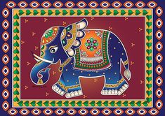 an elephant is painted on a red and blue background with green, orange, and yellow accents