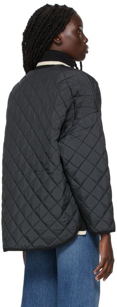 Long sleeve insulated quilted satin jacket in black. Supplier color: Black Black Quilted Jacket For Cold Weather And Winter, Black Quilted Jacket For Cold Weather, Black Long Sleeve Quilted Winter Jacket, Black Quilted Outerwear For Cold Weather, Black Quilted Puffer Jacket For Winter, Black Quilted Puffer Jacket For Fall, Black Quilted Jacket For Fall Cold Weather, Fall Black Quilted Jacket With Padded Collar, Black Quilted Puffer Jacket For Cold Weather