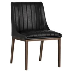 a black leather dining chair with wooden legs and backrests on an isolated white background