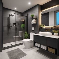 a bathroom with a toilet, sink and shower stall in it's own area