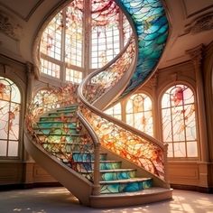 a spiral staircase with stained glass windows in the background