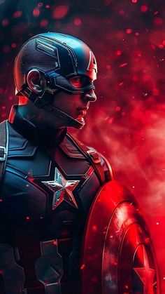 captain america the winter soldier is standing in front of a red background with snow flakes