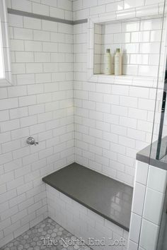 Restroom Ideas, Gray Grout, Tiled Bathroom, Master Shower, Shower Bench, Shower Niche, Master Bath Remodel