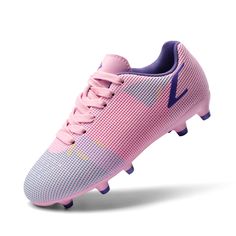 a pink and blue soccer shoe on a white background