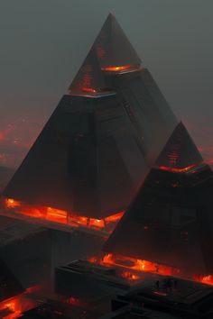 three pyramids with red lights in the middle of them and foggy sky behind them