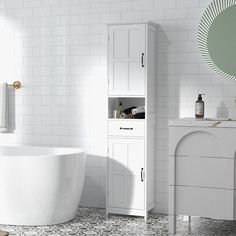 a white bathtub sitting next to a sink in a bathroom under a circular mirror