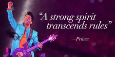 a man holding a purple guitar in his right hand with a quote from prince on it