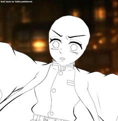 an animated image of a woman with big eyes and no hair, standing in front of a cityscape at night