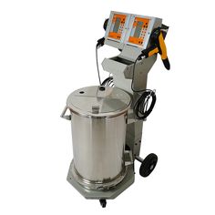 a machine that is sitting on top of a white surface with an orange and black handle