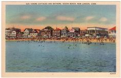 an old postcard shows people swimming in the ocean and buildings on the beach behind them