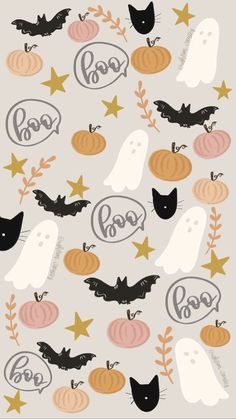 halloween wallpaper with cats, bats and pumpkins in the shape of letters that spell boo