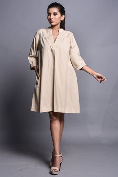 "Features: ● A-Line Dress Length 36\" ● Split V- Neck  ● Cuffed Sleeve 15\" ● Side Seam Pockets ● Made to Order, Just for you Description: ● Medium Weight ● Breathable and washed ● Comfortable and Soft Fabric ● Not See Through ● Finished with French Seam ★★ Welcome to New2Style ★★  Visit my shop  https://www.etsy.com/shop/New2Style All pieces are made to order, if you have some specific requirements like  ● Change in length of outfit (up to 3\"-4\") or Sleeve length ● Change in style of sleeves Cotton Shift Shirt Dress Knee-length, Knee-length Cotton Shirt Dress, Shift Midi Dress With Split Neck, Cotton Shift Dress With V-neck, Beige Relaxed Fit V-neck Midi Dress, Beige Cotton Dresses For Work, Cotton Tunic Dress For Workwear, Cotton V-neck Shift Midi Dress, Relaxed Fit Split Neck Dress