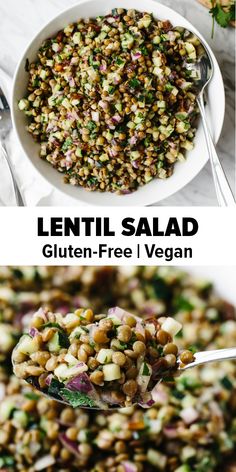 lentil salad in a white bowl with a spoon full of it and the title text overlay reads lentil salad gluten - free vegan