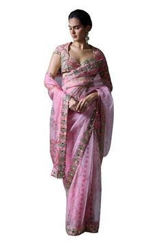 Blush pink pre-draped saree with floral print and mirror embroidered border detail. Paired with matching embroidered blouse. - Aza Fashions Pink Blouse Piece With Sheer Dupatta, Festive Pink Pre-draped Saree With Sheer Dupatta, Pink Saree With Traditional Drape For Reception, Pink Saree For Reception With Traditional Drape, Designer Wear Pink Draped Dupatta, Designer Pink Draped Dupatta, Designer Draped Pink Choli, Pink Draped Designer Wear Dupatta, Pink Draped Lehenga With Dupatta