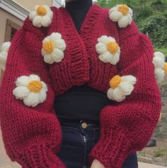 Red Daisy Cardigan for Women, Maroon Hand Knit Jacket, Red Chunky Cardigan, Oversized Sweater, Flower Cropped Cardigan Model heigh: 1.60 cm weigh: 50 kg Size: S-M-L/36-38-40 Cardigan size: Fit most size You can request it with different colors. Please inform me before making an order if you want different colors or write on personalization box. Colors may vary slightly. I can write a name or word on it if you want and so, make cardigan customized. I can also produce it with cloud, mushroom, cher Trendy Red Oversized Cardigan, Trendy Oversized Red Cardigan, Red Acrylic Outerwear For Winter, Cozy Red Knitted Outerwear, Red Knit Outerwear For Spring, Red Acrylic Outerwear For Fall, Red Long Sleeve Sweater Coat For Spring, Red Knitted Outerwear For Spring, Trendy Red Knitted Outerwear