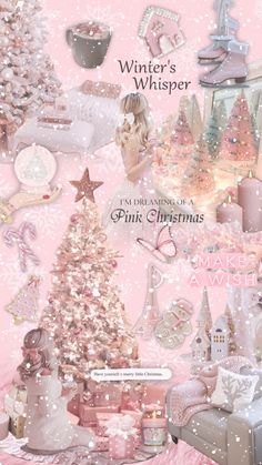 a pink christmas card with white and silver decorations