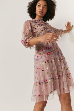 All Over Embroidered Mini Dress Embroidered Dress Formal, Vietnam Outfits, Pink Wedding Guest Dresses, Embroidered Summer Dress, Mob Dress, Pinterest Uk, Jumpsuit For Wedding Guest, Hot Pink Weddings, Quick Fashion