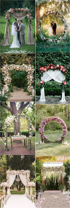 the wedding ceremony is set up with flowers and greenery on the trees, in front of