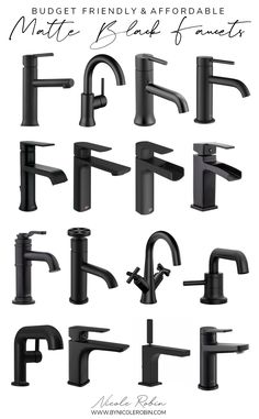 black faucets are shown in different styles and sizes