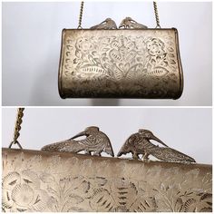 two pictures of an old purse with birds on the front and side, hanging from chains