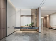 an empty room with marble floors and wooden partitions on the wall, along with benches