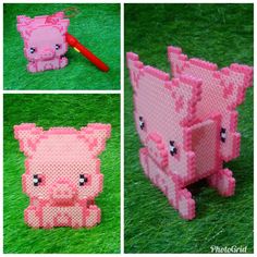 four different pictures of pink pigs made out of perler beads