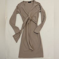 Midi Front Tie Dress - Never Worn Like New *Could Be Breastfeeding Friendly* Fitted Long Sleeve Mini Dress With Tie Waist, Beige Tie Waist Fitted Mini Dress, Fitted Beige Mini Dress With Tie Waist, Front Tie Sweater, Front Tie Dress, Vici Dress, Tie Sweater, Tie Front Dress, Tie Dress