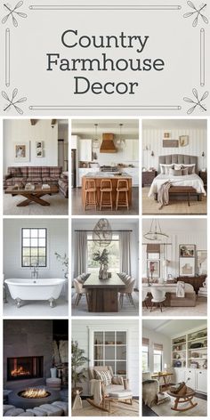 the country farmhouse house decor is featured in this postcard style photo collage with photos