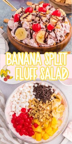 the banana split fluff salad is ready to be eaten with fruit and chocolate chips