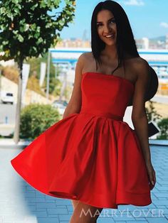 Red Satin Strapless A-line Short Backless Homecoming Dresses, HM1068 – MarryLover Red Satin Prom Dress, Mini Gown, Evening Wear Dresses, Girls Formal Dresses, Short Party Dress, Plus Size Formal Dresses, Semi Formal Dresses, Gowns For Girls, Formal Dresses Short