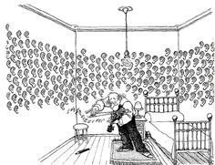 a drawing of a man sitting on a bed in a room with lots of heads hanging from the ceiling