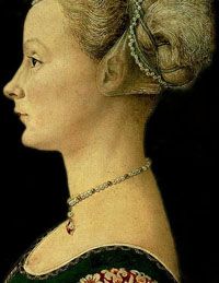 an old painting of a woman wearing a green dress and pearls in her hair, looking off to the side