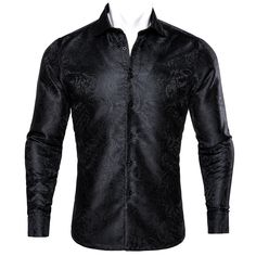 Black Paisley Silk Men's Long Sleeve Shirt Silver Shirts, Silk Flower Dress, Silk Shirt Men, Silver Shirt, Shirts For Men Designer, Paisley Shirt, Zhejiang China, Fitted Dress Shirts, Formal Suits