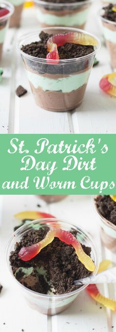 st patrick's day dirt and worms cupcakes with text overlay that reads st patrick's day dirt and worms cupcake