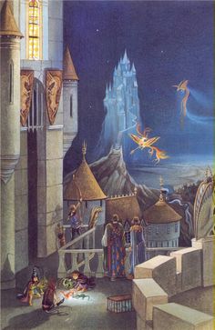 an image of a fairy tale scene with the castle in the background and flying birds