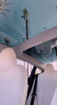 the interior of a car with palm trees on the roof and skylights in the back