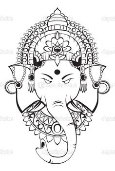 the head of an elephant with ornaments on it's face and eyes, drawn in black